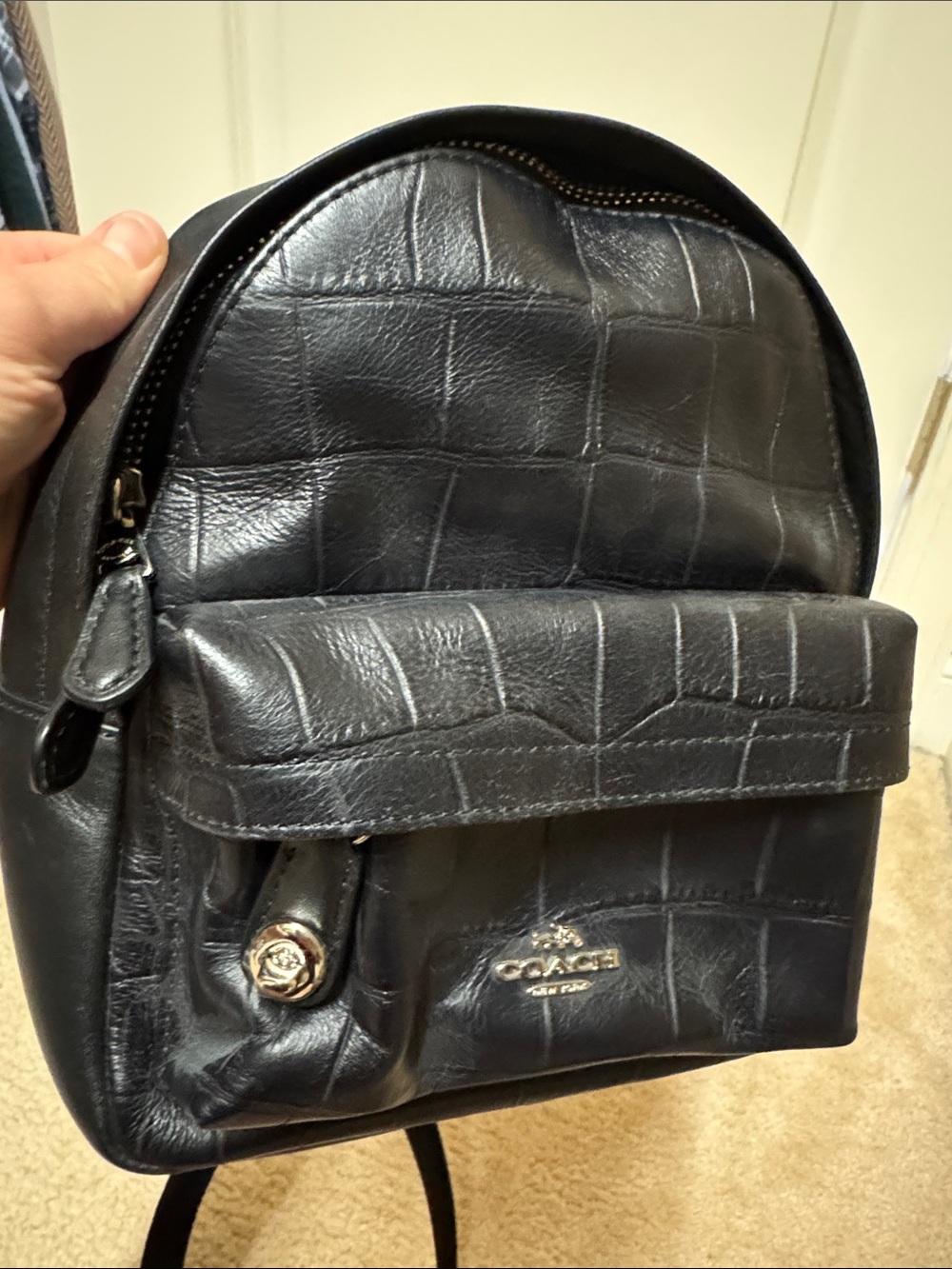 Coach Black Croc-Embossed Leather Mini Backpack with Front Pocket - Picture 8 of 8